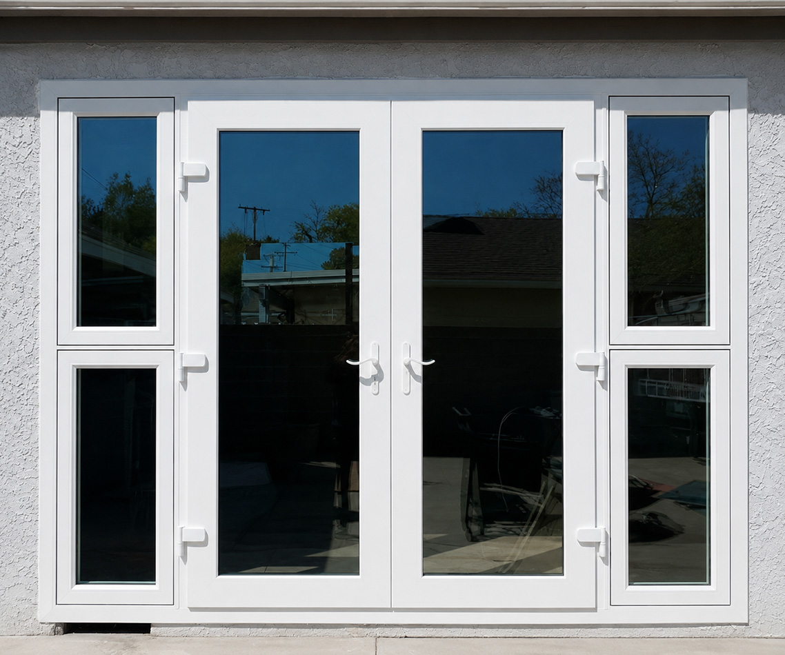 French swing doors connecting a finished living or dining area to a courtyard