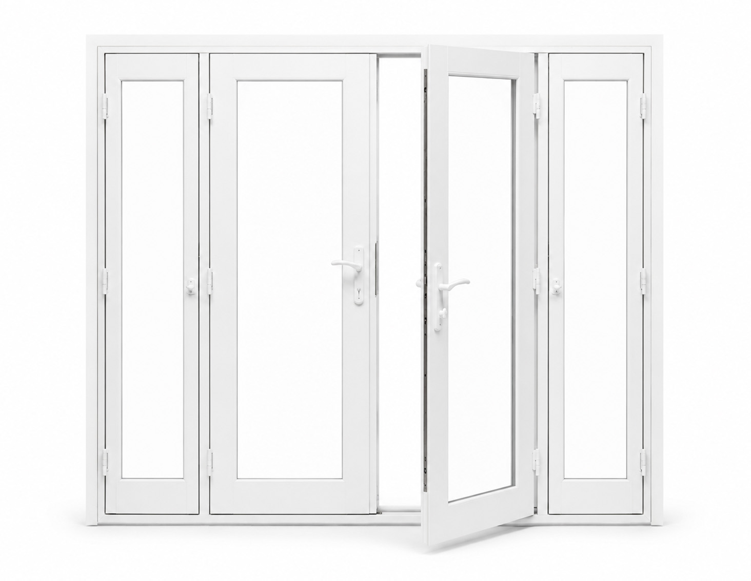 French swing doors opening from a finished interior toward a patio or courtyard