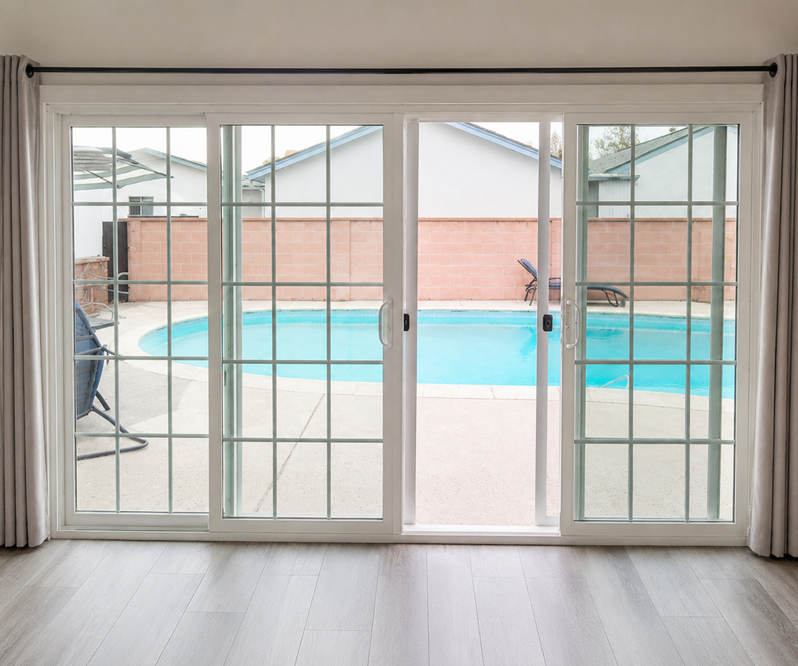 Sliding patio door connecting a living room to an outdoor seating area