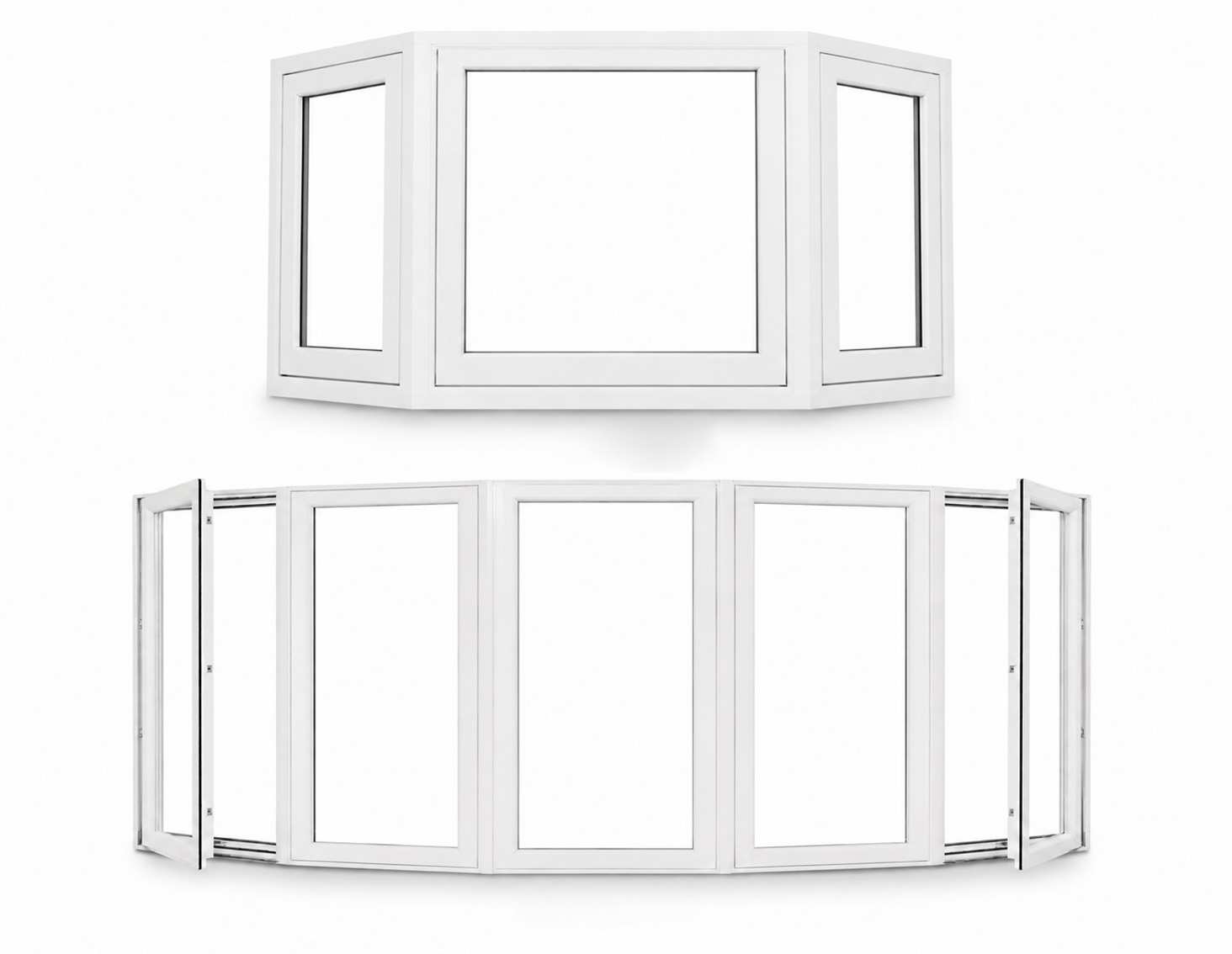 Bay or bow window projecting from a completed residential exterior