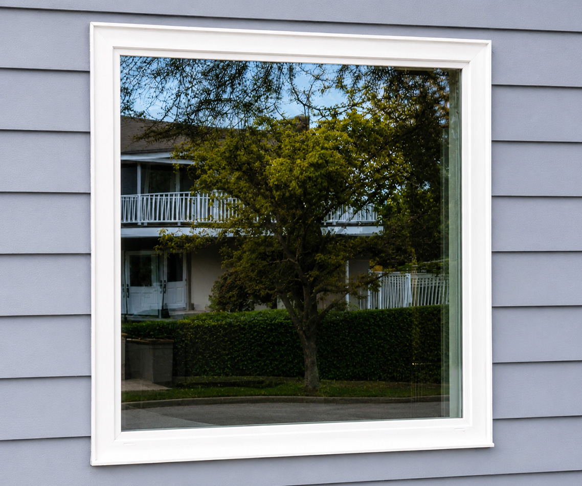 Large picture window installed in a bright living room or architectural wall